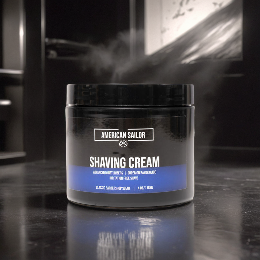 American Sailor Brand all-natural luxury shaving cream in a sleek 4oz jar, ideal for sensitive skin.